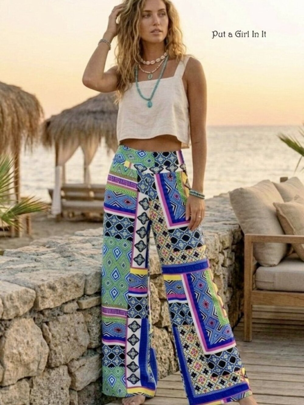 USA New Jup Boho Women's Blue High Waisted Hippie Tall Palazzo Pants S M L JUp